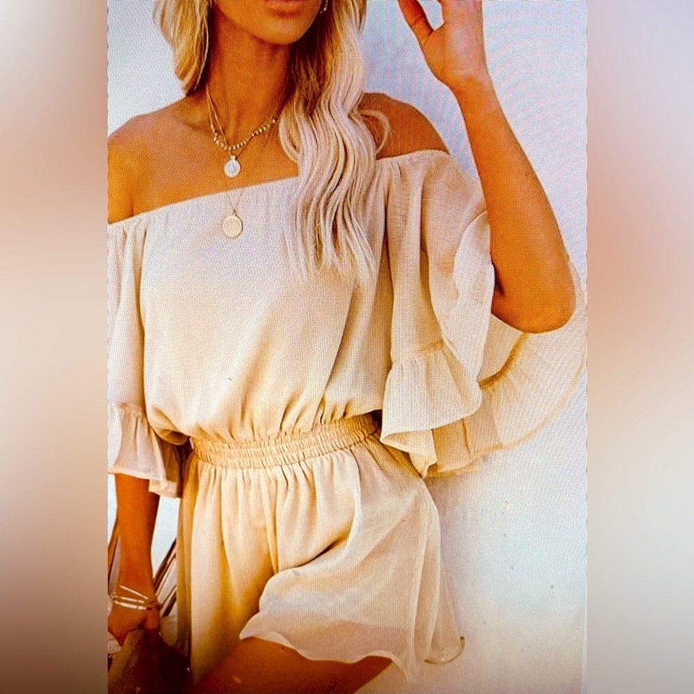 Romper shorts. Apricot color. Off the shoulder. Fun. Sexy